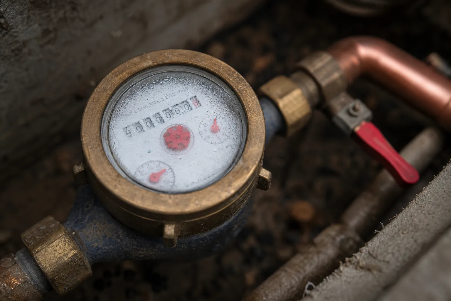 Cadran d’un compteur d’eau domestique en laiton, aiguille rouge de l’étoile de fuite au centre