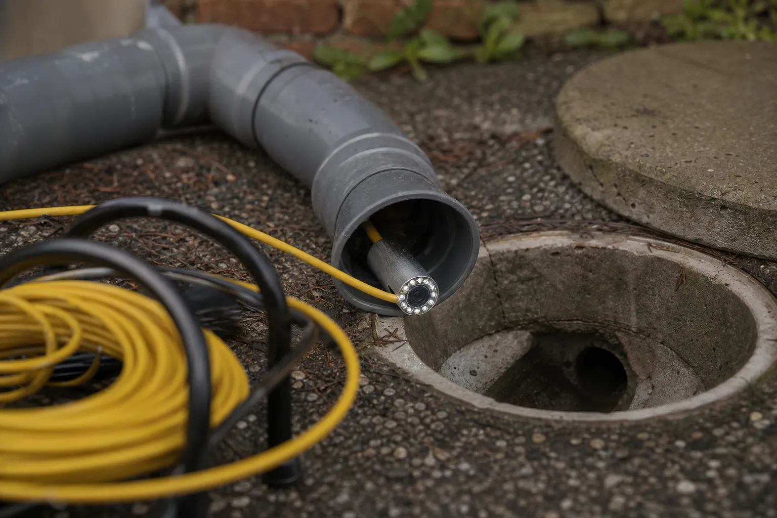 Tête de caméra d’inspection engagée dans l’ouverture d’une canalisation d’évacuation en PVC