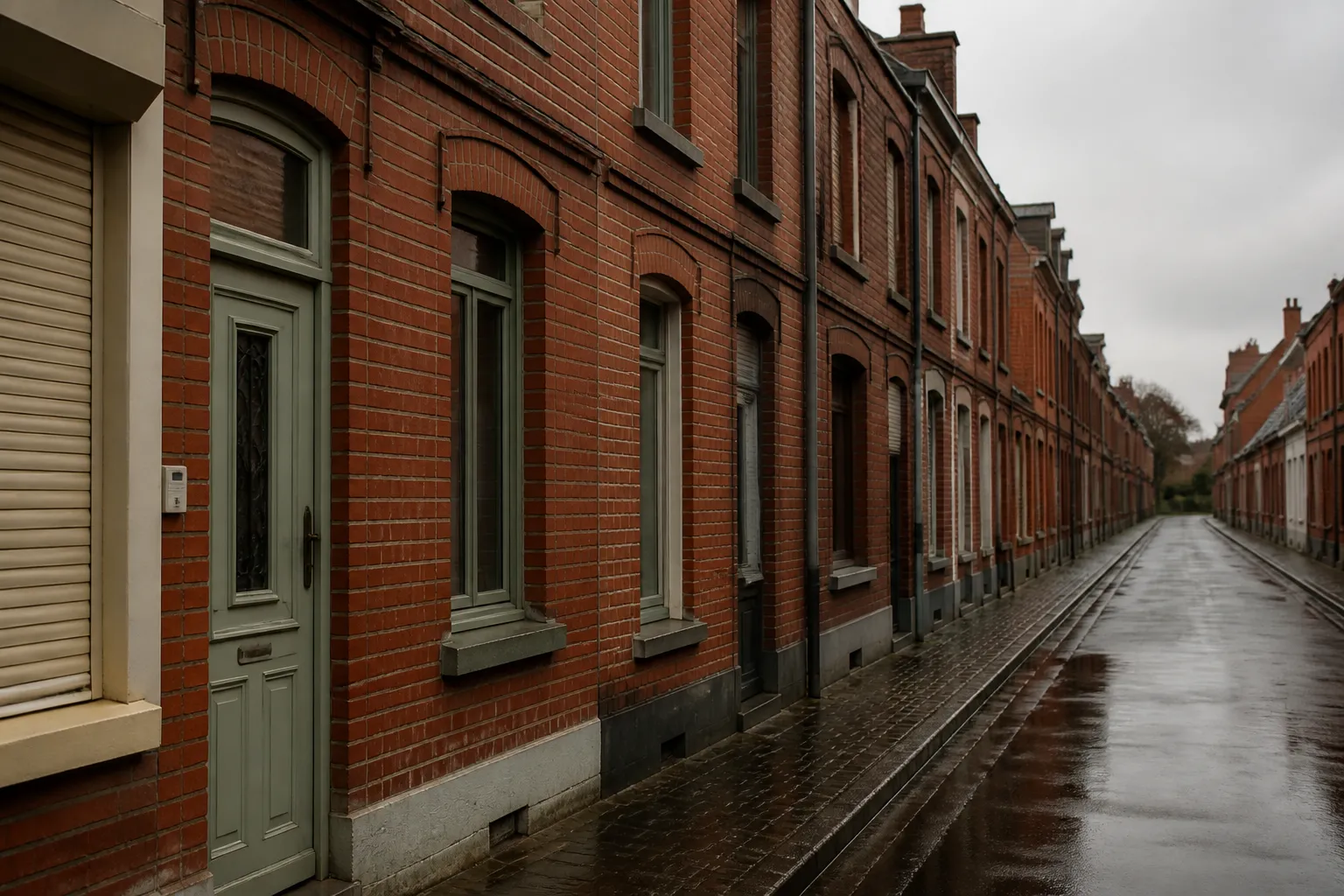 Rangée de maisons mitoyennes en brique rouge du Nord le long d’une rue étroite au trottoir pavé