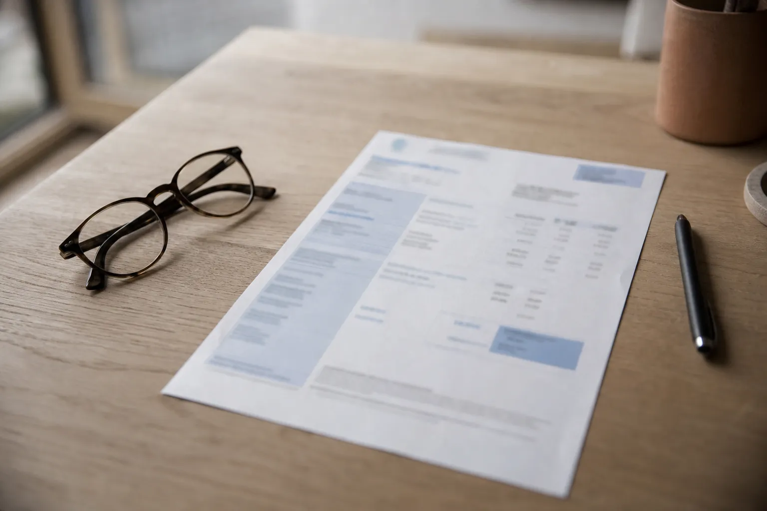 Facture d’eau papier posée à plat sur une table en bois clair, chiffres volontairement illisibles