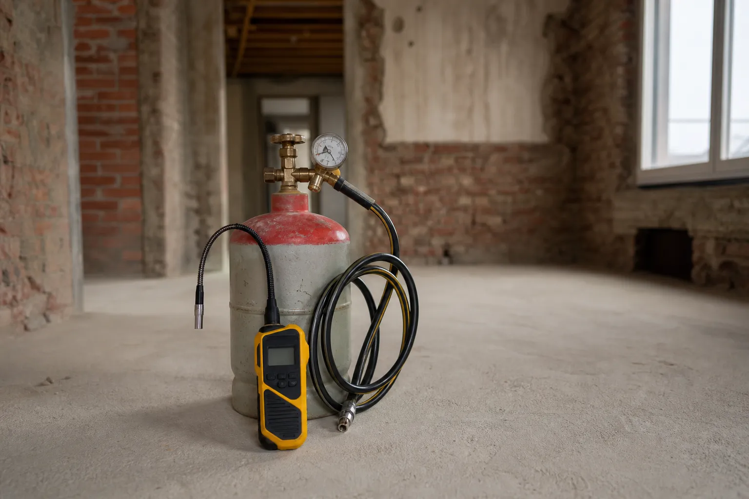 Petite bouteille de gaz industrielle et détecteur portatif à sonde flexible posés sur une chape de béton