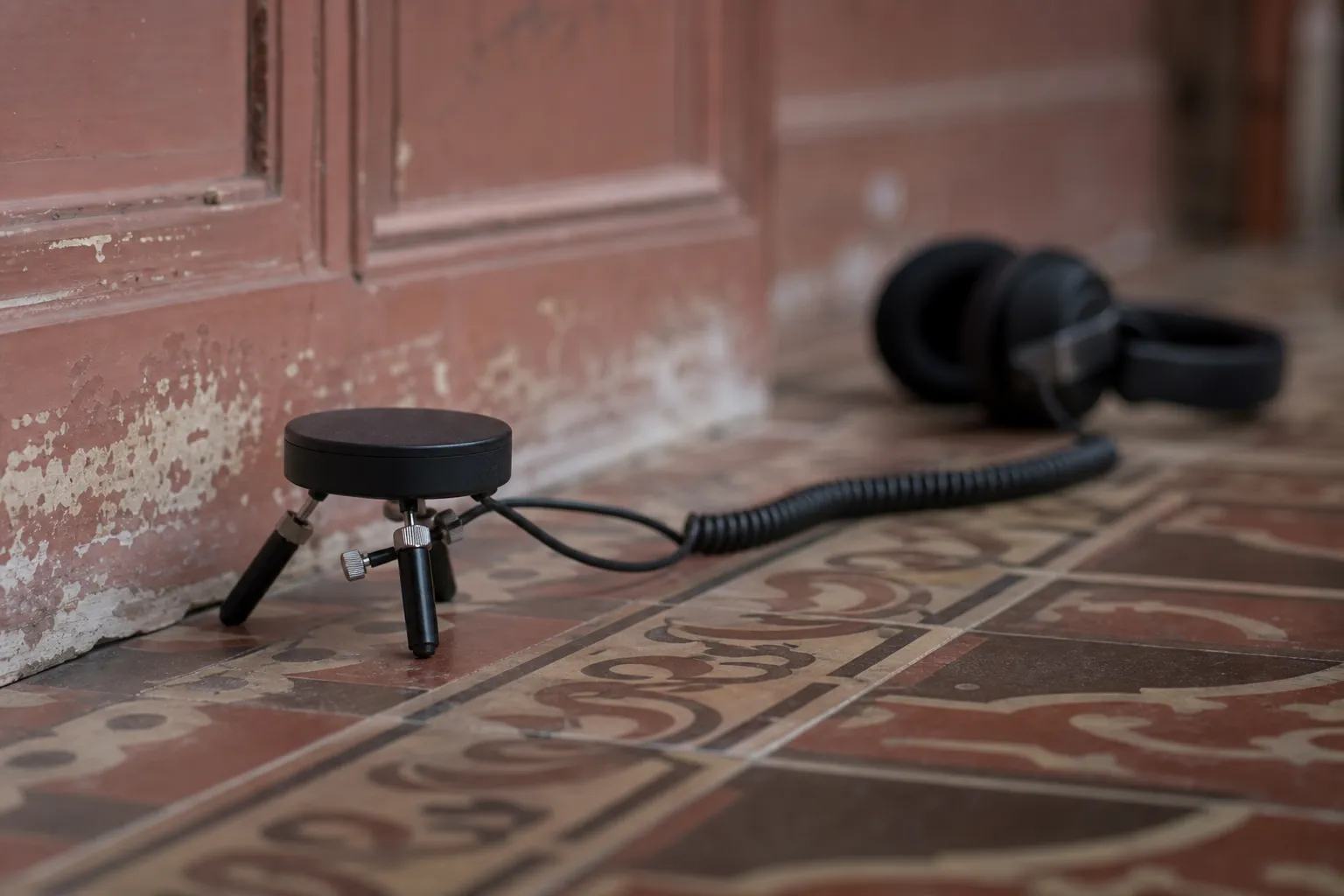 Micro de sol de détection acoustique posé sur un carrelage ancien au pied d’un mur