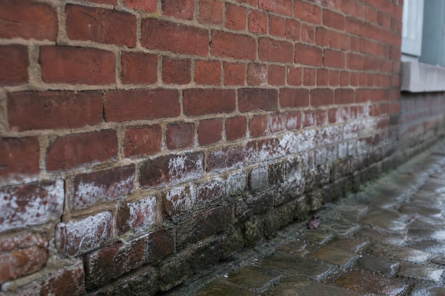 Bas d’un mur extérieur en brique rouge du Nord, joints creusés et voile blanc de salpêtre sur les rangs inférieurs